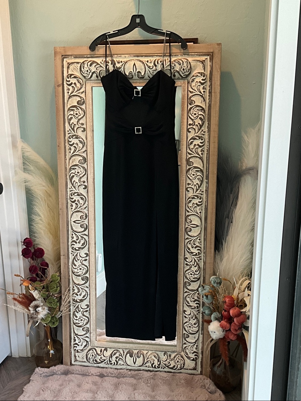 Niteline Black Spaghetti-Strap Maxi Dress with Square Buckles